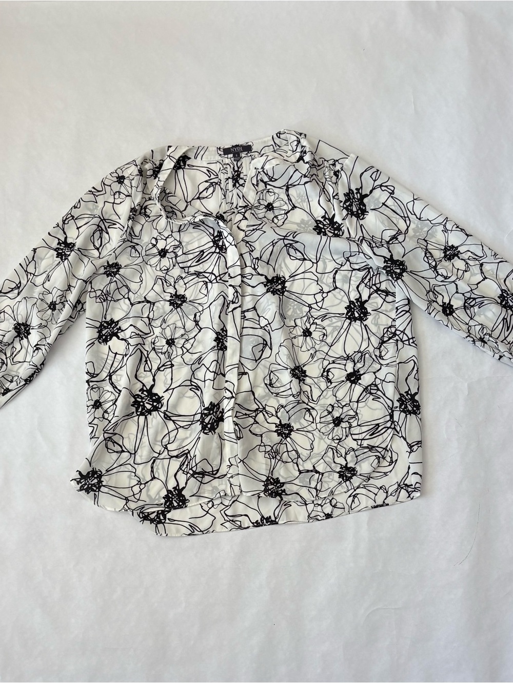 NYDJ White Blouse with Black Floral Sketch Print